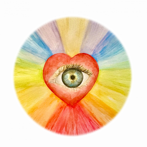 Ein geöffnetes Auge schaut aus einem Herzen heraus, von dem alle Regenbogenfarben herausstrahlen. Dies die Fähigkeit symbolisieren, mit dem Herzen zu sehen.